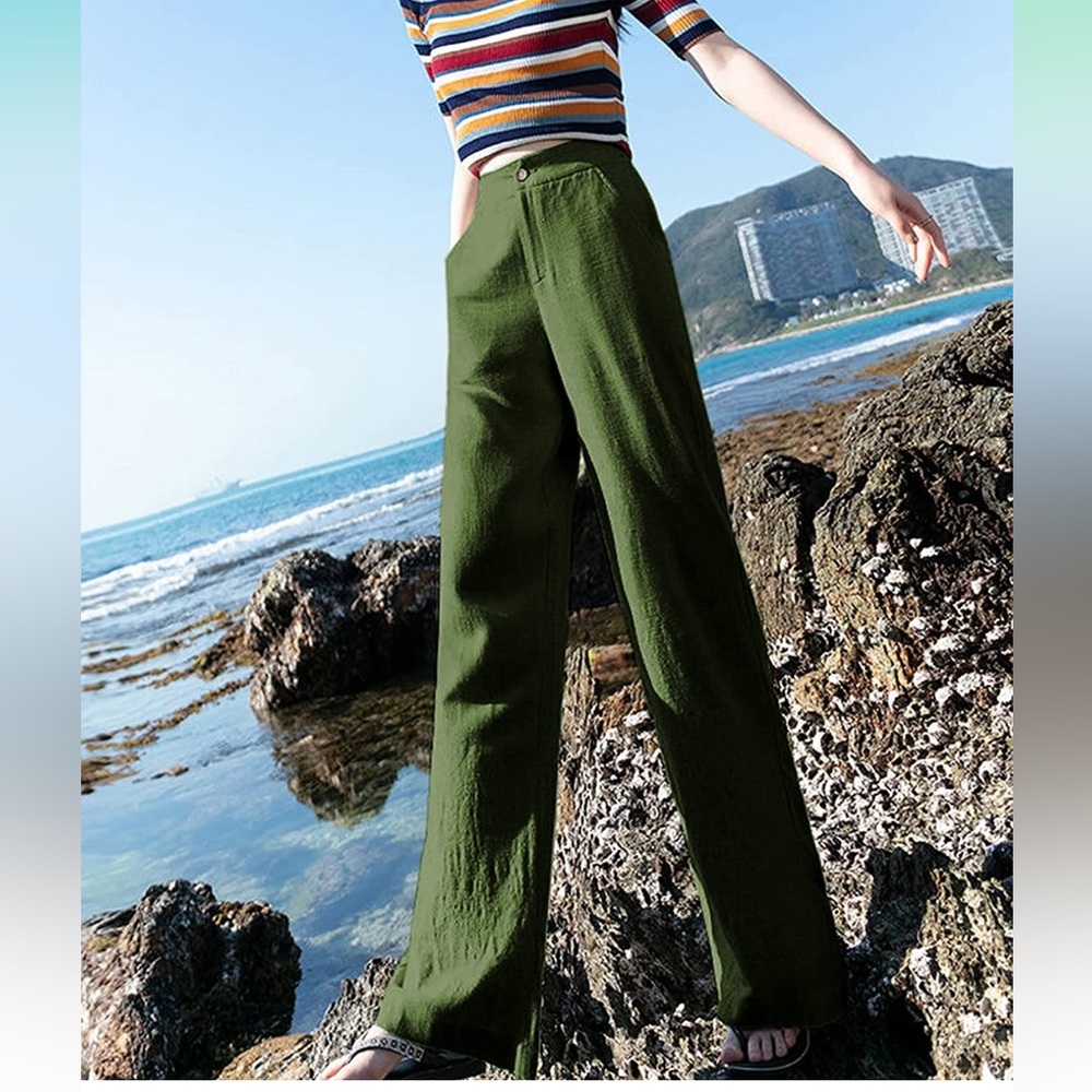 Womens Casual High Waisted Wide Leg Pants Button Up